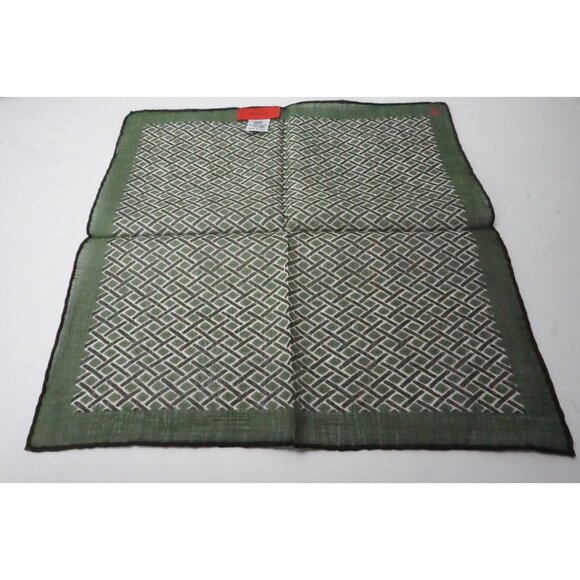 Isaia Emerald Green Woven Plaid Hand Rolled Linen Blend Pocket Square Italy New - Picture 2 of 3